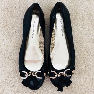 Black Leather Ballet Flats with Tassels, Size 7
